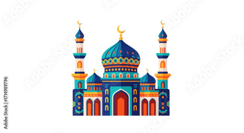 Colorful Stylized Mosque Illustration with Dome and Minarets.