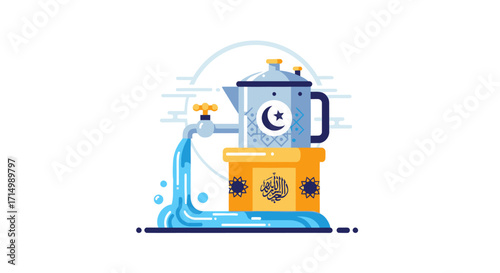 Islamic Ablution Kettle with Flowing Water Illustration.