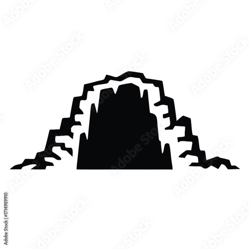 Dark cave mouth within rocky terrain forms a cavernous opening in black color