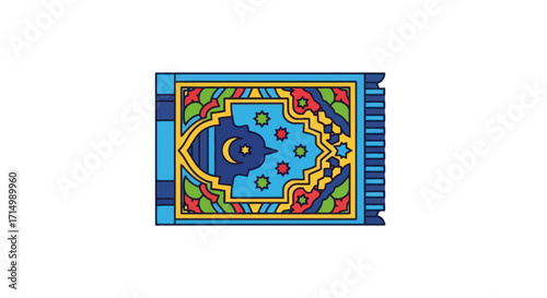 Colorful Islamic Prayer Rug with Crescent Moon and Star Design.