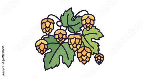 Colorful Illustrated Hop Cones and Green Leaves.