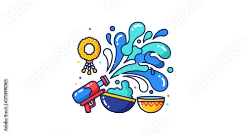 Songkran Festival Illustration: Water Gun Bowl and Garland.