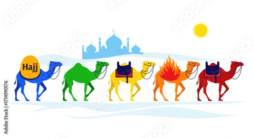 Colorful Camel Caravan for Hajj Pilgrimage with Mosque Silhouette and Sun.