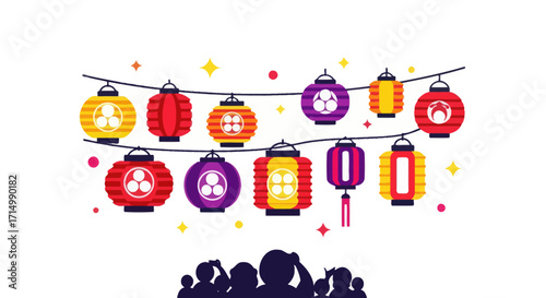 Colorful Chinese Lanterns Illuminated Festival Celebration with Silhouetted Crowd.