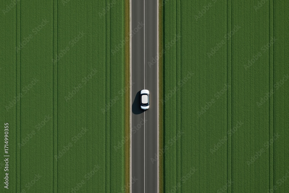 Fototapeta premium White car driving on straight road through green fields