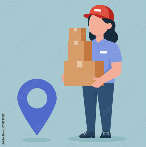 Flat vector of a cheerful delivery worker with boxes and location pin, symbolizing fast, reliable logistics and last-mile service
