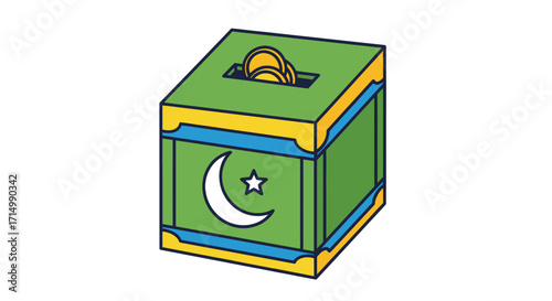 Green and Yellow Islamic Charity Box with Coins.