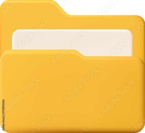 3D yellow file folder icon with a document inside. Perfect for business, office, data organization, storage, and digital management design projects.
