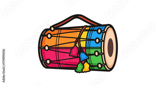 Colorful Hand-Drawn Dhol Drum with Handle and Tassels.