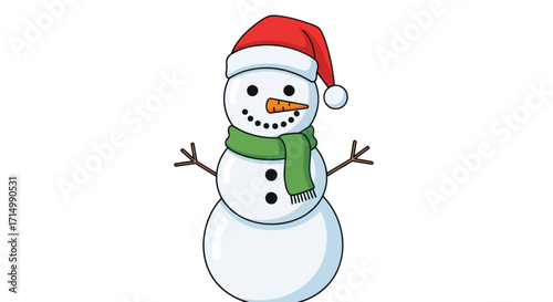 Cheerful cartoon snowman wearing a Santa hat and green scarf.