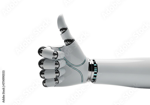 Robotic hand giving thumbs up gesture of approval isolated on transparent background