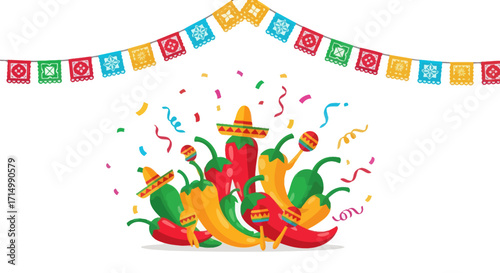 Festive Mexican Chili Peppers Wearing Sombreros with Maracas and Confetti.