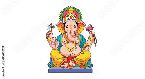 Colorful Illustration of Hindu God Ganesha in Sitting Pose.