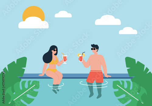 Tropical leisure vibes with friends at the pool, cocktails in hand, sun shining, and lush greenery—pure summer escape in flat vector style
