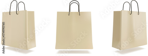 3D illustration of three beige paper shopping bags with black handles. Perfect for branding, packaging, retail.