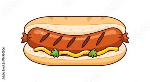 Cartoon Hot Dog in Bun with Mustard and Relish.