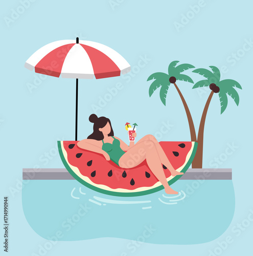 Tropical leisure scene with a woman floating on a watermelon pool float, sipping a drink under a beach umbrella—summer vibes and relaxation