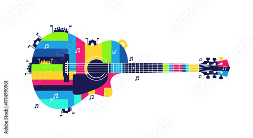 Colorful Acoustic Guitar with Musical Notes Illustration.