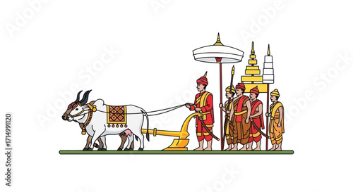 Royal Procession with Ox-Drawn Carriage in Thailand.