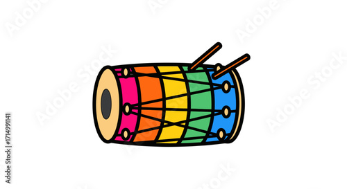 Colorful Rainbow-Striped Dhol Drum with Two Drumsticks.