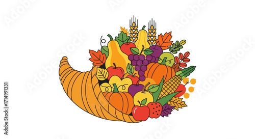 Abundant Cornucopia overflowing with colorful fruits vegetables and autumn leaves.