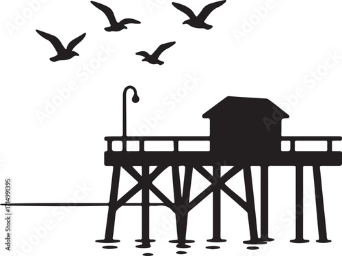 Fishing Pier Skyline Silhouette with Seagulls and Ocean Horizon Vector Illustration