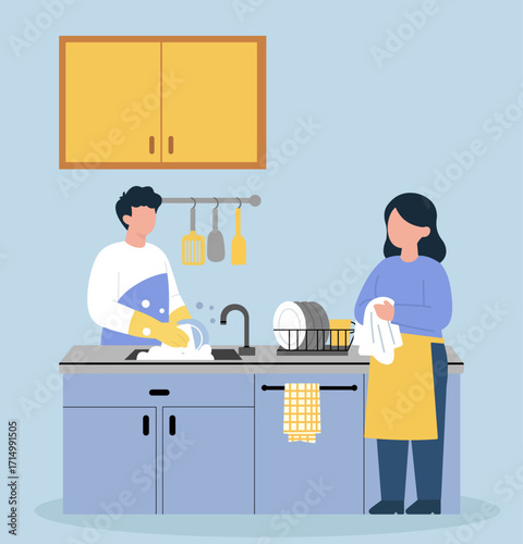 Heartwarming teamwork in a cozy kitchen—two people sharing dishwashing duties in a clean, organized space full of everyday charm.