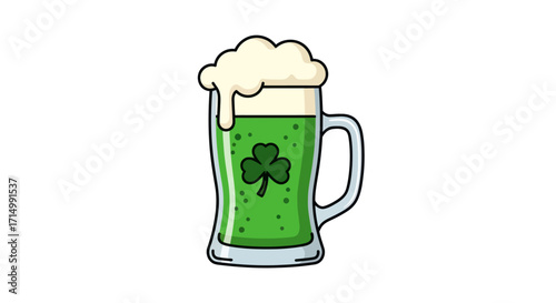 Green beer in a glass mug with a shamrock for St Patricks Day.