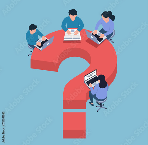 Collaborative learning around a question mark table—symbolizing curiosity, teamwork, and shared problem-solving in a modern workspace.