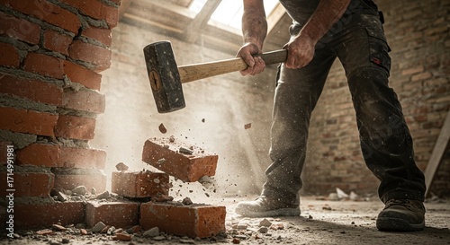 A person's hands swinging a sledgehammer to demolish a brick wall.Concept of demolition and hard physical labor.