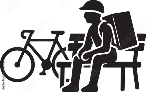 Food Delivery Cyclist Resting on Bench Silhouette Vector Illustration for Gig Economy and Urban Logistic Artwork