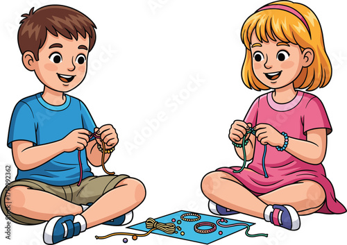 Happy kids making bead jewelry, children crafting bracelets and necklaces, cartoon illustration, creative DIY activity, fun indoor playtime