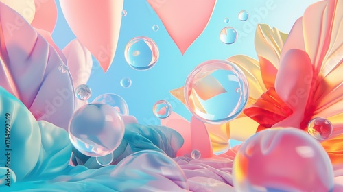 Pastel 3D petals and bubbles, dreamy abstract scene