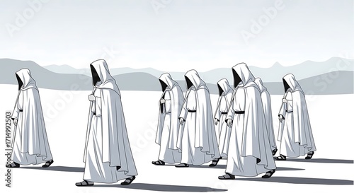 Hooded figures walking.