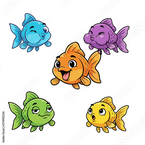 Colorful Cartoon Fish Collection Swimming Together with Various Expressions