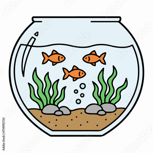 Cartoon goldfish swimming in fishbowl with plants and rocks for decoration