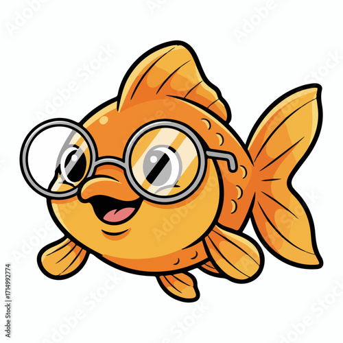 Cartoon Goldfish with Glasses Smiling Illustration Swimming in Water with Style