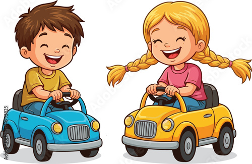 Happy kids riding colorful toy cars, children playing with ride-on vehicles, cartoon illustration, joyful pretend play, fun indoor activity