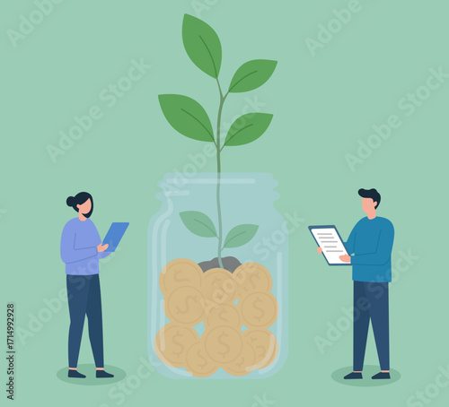 Flat vector of financial growth—two people nurture investment as coins bloom into a plant, symbolizing teamwork and sustainable wealth.