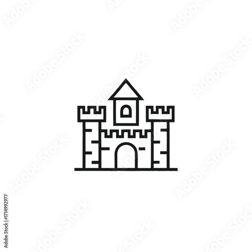 Line art portrays a formidable medieval castle structure with fortified walls and classic architectural design