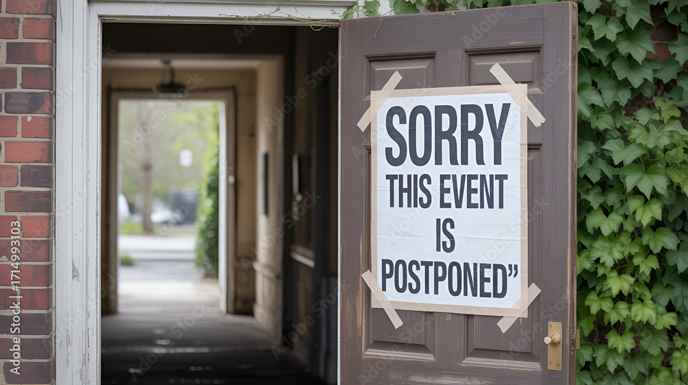 Obraz premium Event Postponed Sign on Door with Ivy and Hallway View
