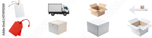 Collection of packaging and shipping items isolated on transparent background