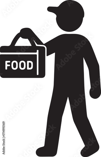 Food Delivery Worker Holding Insulated Bag Silhouette Vector Illustration for Restaurant and Courier Service Design