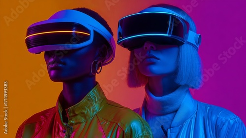 Two stylish individuals explore virtual worlds with futuristic VR headsets, bathed in vibrant neon light.