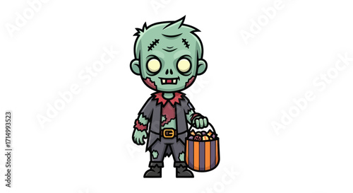 A cute cartoon zombie boy in tattered clothes trick-or-treating with a candy bucket for Halloween.