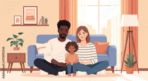 A diverse family sits together on a sofa in a cozy living room, enjoying a moment of togetherness.