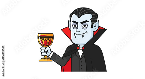 Cartoon Vampire Character with Fangs and Cape Holding Golden Goblet.