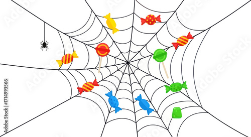 Colorful Halloween Candy Trapped in Spider Web Design.