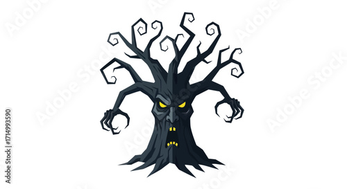 Cartoon Spooky Tree with Evil Face and Twisted Branches.