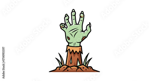 Green zombie hand emerging from the ground with grass and dirt.